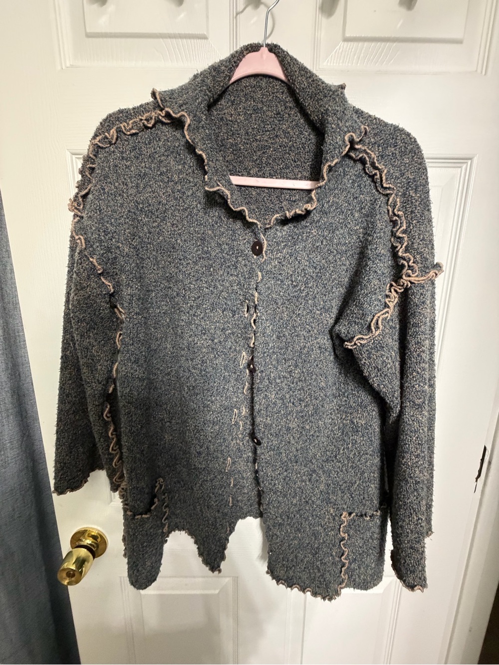 Cozy Gray Ruffle-Trim Button Cardigan Sweater